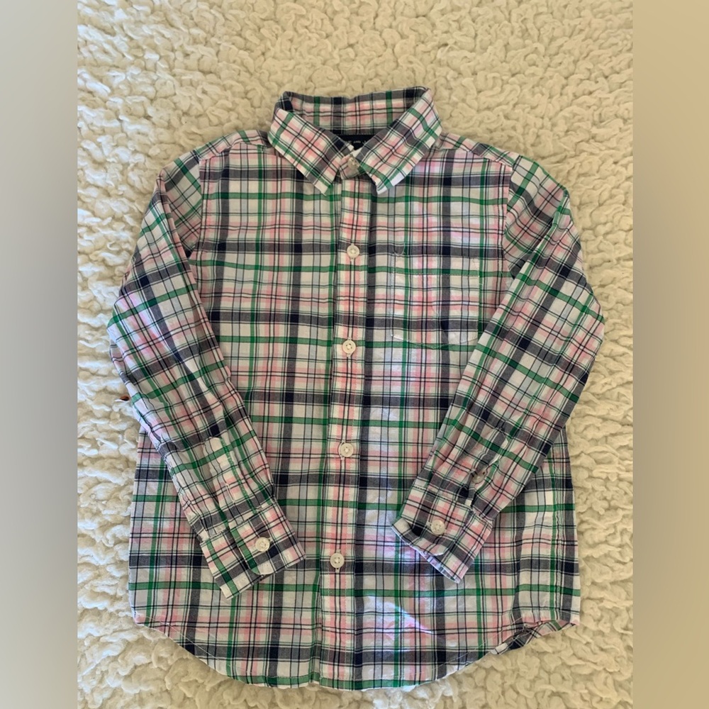 Boys Janie & Jack Oxford Shirt Size 3 Plaid Button Seaside Court Pink Green Navy